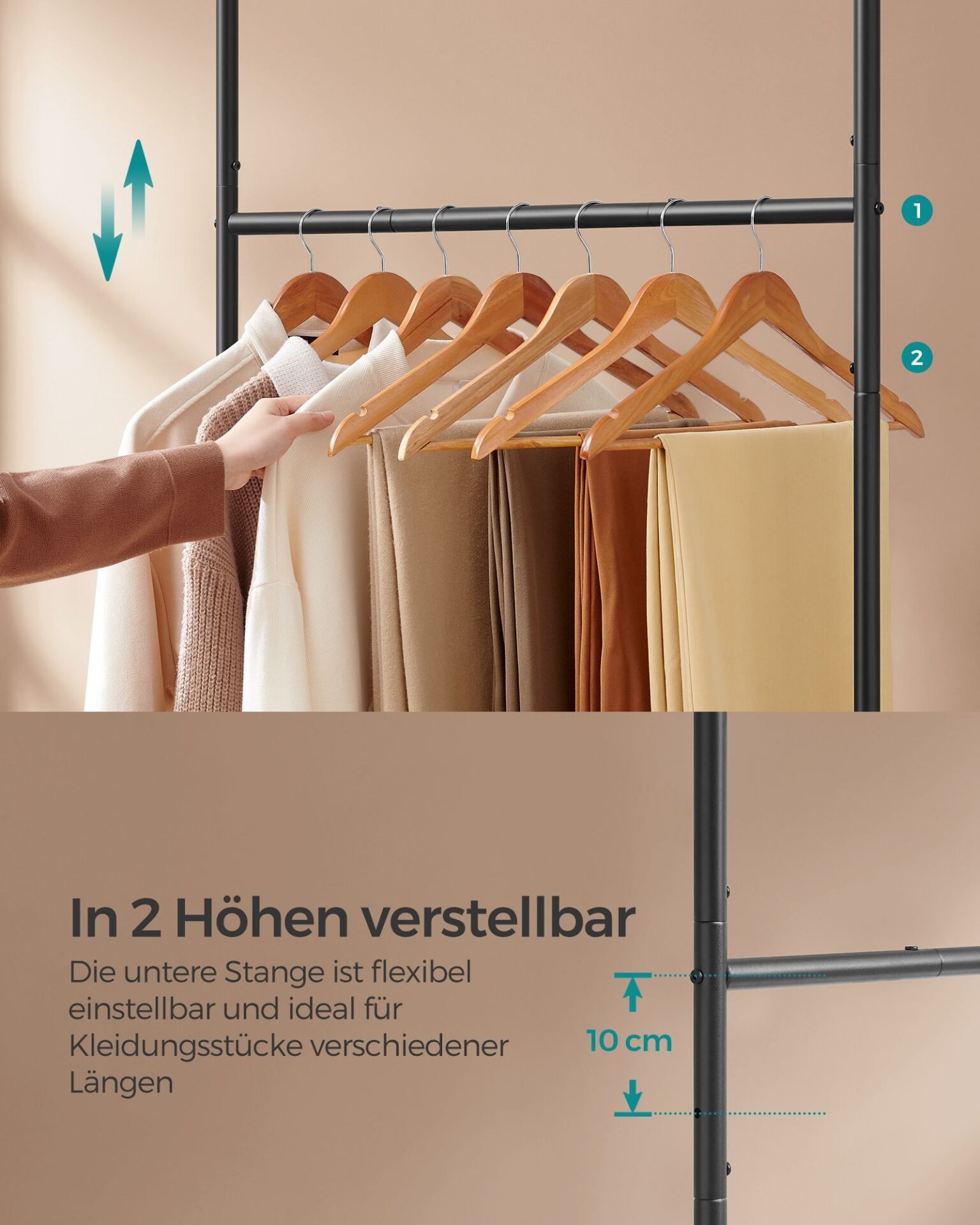 SONGMICS HSR153B01 Clothes Rail with Shelf, 2 Rails, 98.5 cm Wide, Maximum Load 55 kg, Lower Bar Height Adjustable, Steel, Vintage Brown/Ink Black 4 SONGMICS HSR153B01 Clothes Rail with Shelf, 2 Rails, 98.5 cm Wide, Maximum Load 55 kg, Lower Bar Height Adjustable, Steel, Vintage Brown/Ink Black - Bild 4