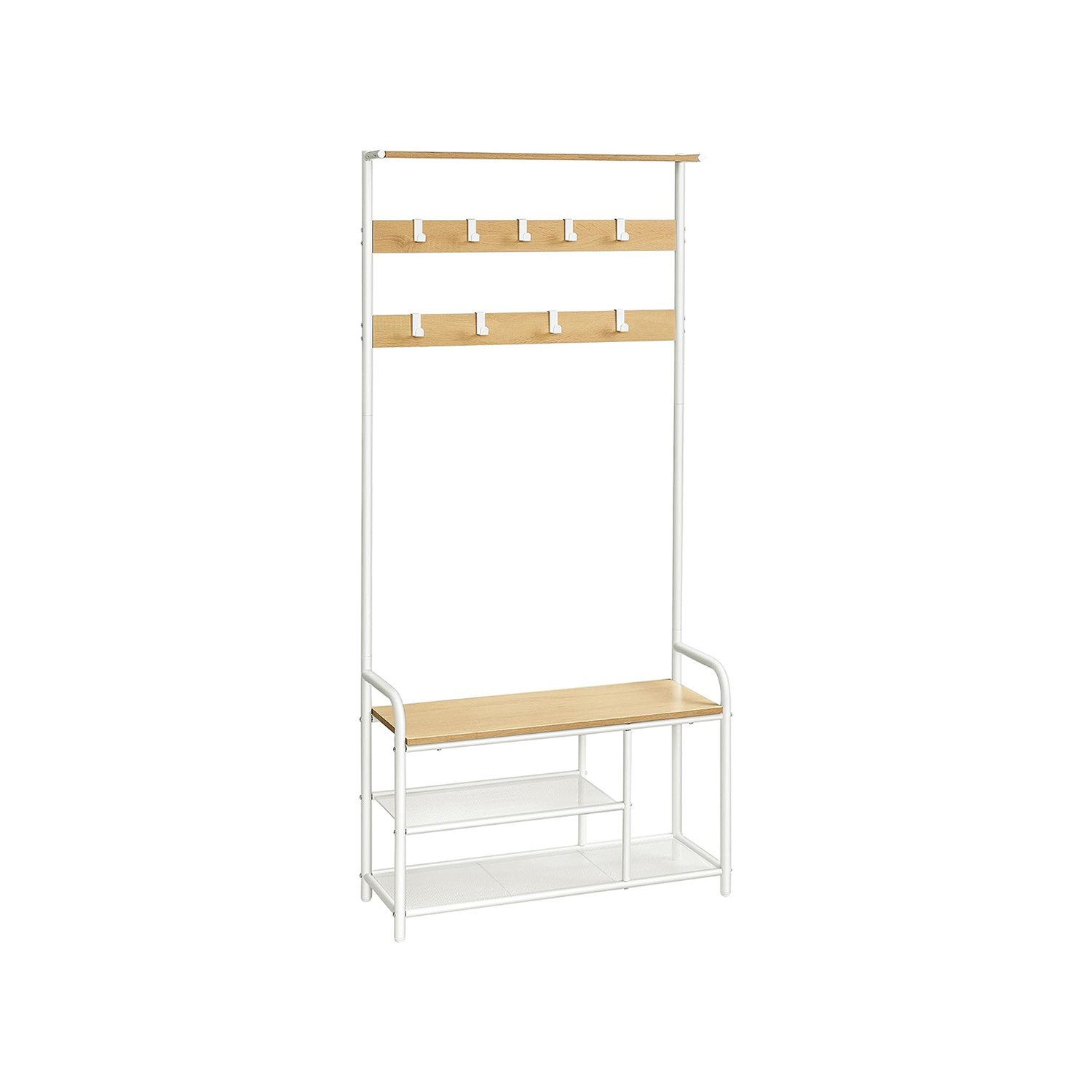 VASAGLE HSR409W09 Coat Rack with 9 Hooks Shoe Bench Shelf 30 x 85 x 180.5 cm for Hallway Bedroom Small Apartments Modern Oak White 1 VASAGLE HSR409W09 Coat Rack with 9 Hooks Shoe Bench Shelf 30 x 85 x 180.5 cm for Hallway Bedroom Small Apartments Modern Oak White