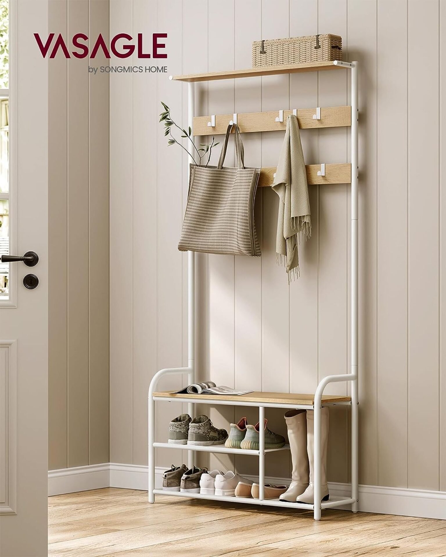 VASAGLE HSR409W09 Coat Rack with 9 Hooks Shoe Bench Shelf 30 x 85 x 180.5 cm for Hallway Bedroom Small Apartments Modern Oak White 2 VASAGLE HSR409W09 Coat Rack with 9 Hooks Shoe Bench Shelf 30 x 85 x 180.5 cm for Hallway Bedroom Small Apartments Modern Oak White - Bild 2