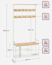 VASAGLE HSR409W09 Coat Rack with 9 Hooks Shoe Bench Shelf 30 x 85 x 180.5 cm for Hallway Bedroom Small Apartments Modern Oak White - Bild 4