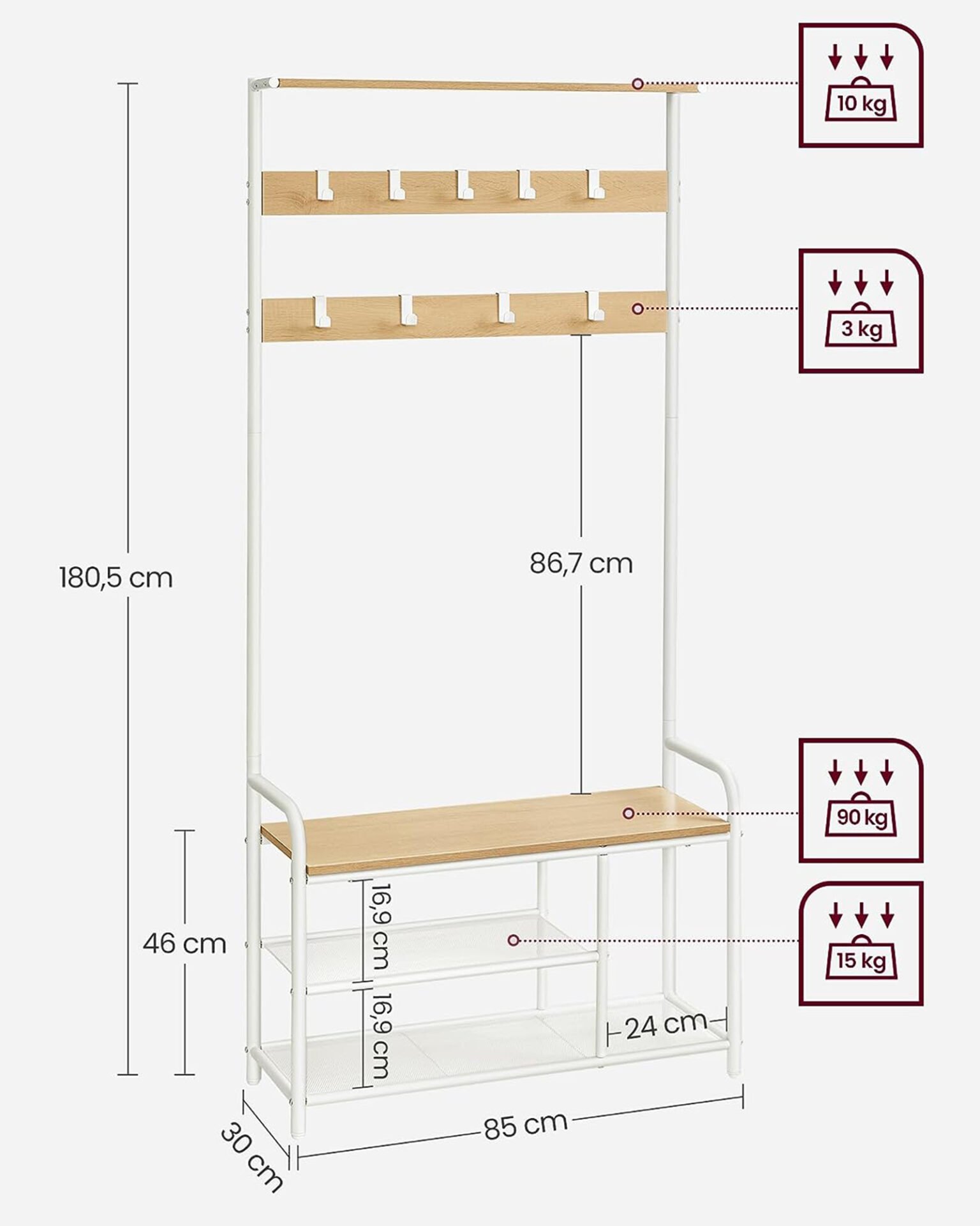VASAGLE HSR409W09 Coat Rack with 9 Hooks Shoe Bench Shelf 30 x 85 x 180.5 cm for Hallway Bedroom Small Apartments Modern Oak White 4 VASAGLE HSR409W09 Coat Rack with 9 Hooks Shoe Bench Shelf 30 x 85 x 180.5 cm for Hallway Bedroom Small Apartments Modern Oak White - Bild 4