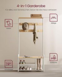 VASAGLE HSR409W09 Coat Rack with 9 Hooks Shoe Bench Shelf 30 x 85 x 180.5 cm for Hallway Bedroom Small Apartments Modern Oak White - Bild 6