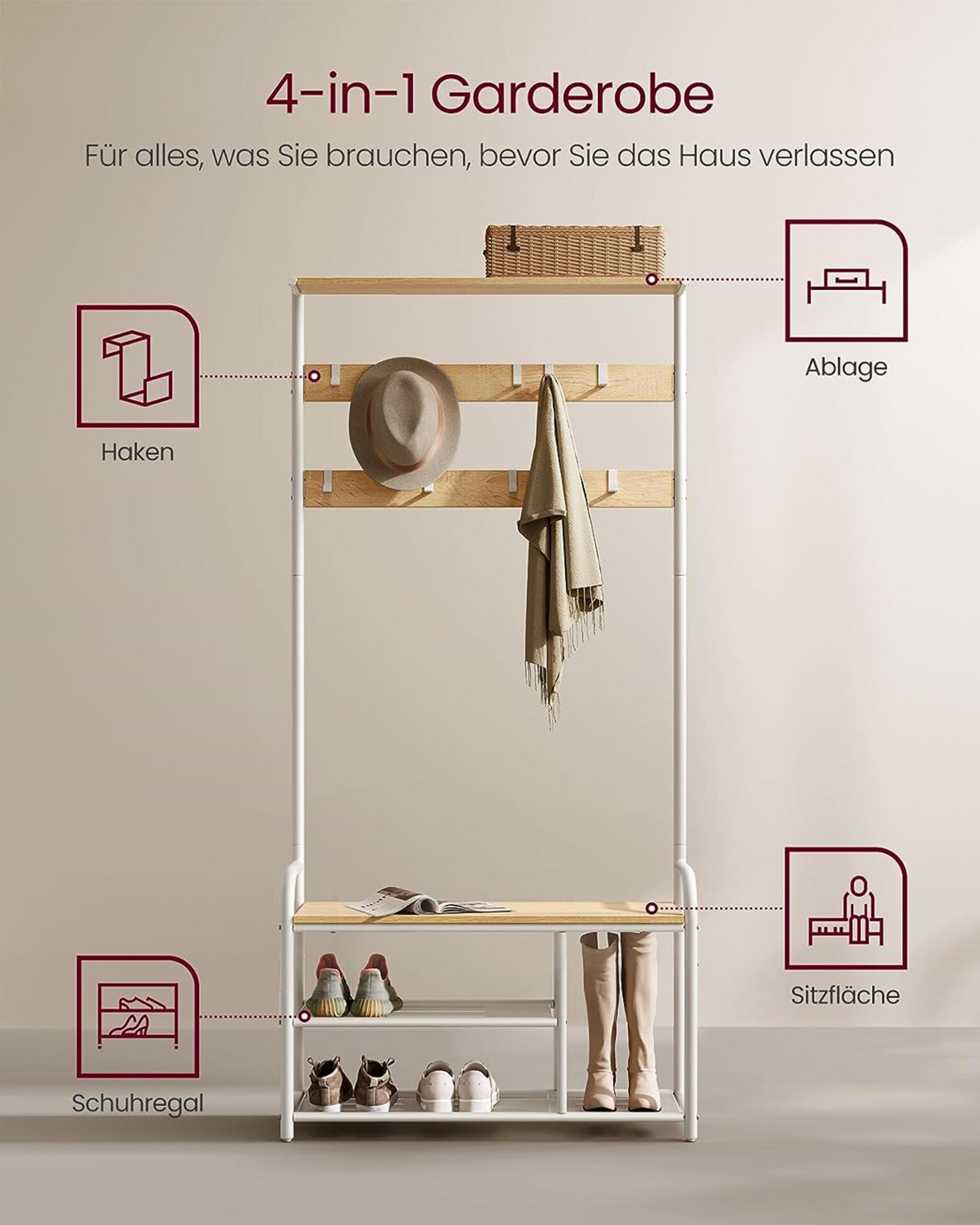 VASAGLE HSR409W09 Coat Rack with 9 Hooks Shoe Bench Shelf 30 x 85 x 180.5 cm for Hallway Bedroom Small Apartments Modern Oak White 6 VASAGLE HSR409W09 Coat Rack with 9 Hooks Shoe Bench Shelf 30 x 85 x 180.5 cm for Hallway Bedroom Small Apartments Modern Oak White - Bild 6