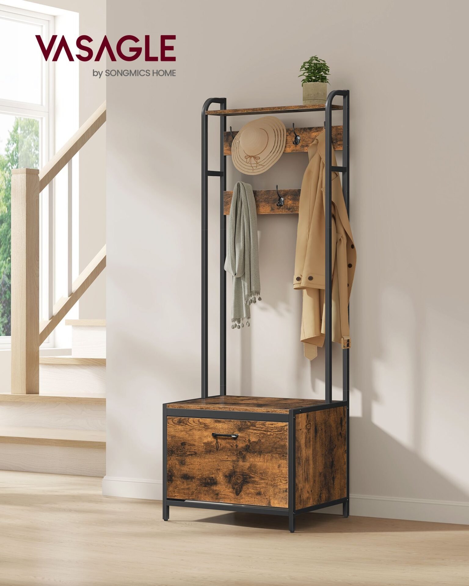 VASAGLE Coat Rack with Shoe Storage, Hall Tree with Bench, 7 Hooks and Top Shelf, for Hallway, Bedroom, Industrial Style, Rustic Brown and Classic Black HSR425B01 2 VASAGLE Coat Rack with Shoe Storage, Hall Tree with Bench, 7 Hooks and Top Shelf, for Hallway, Bedroom, Industrial Style, Rustic Brown and Classic Black HSR425B01 - Bild 2