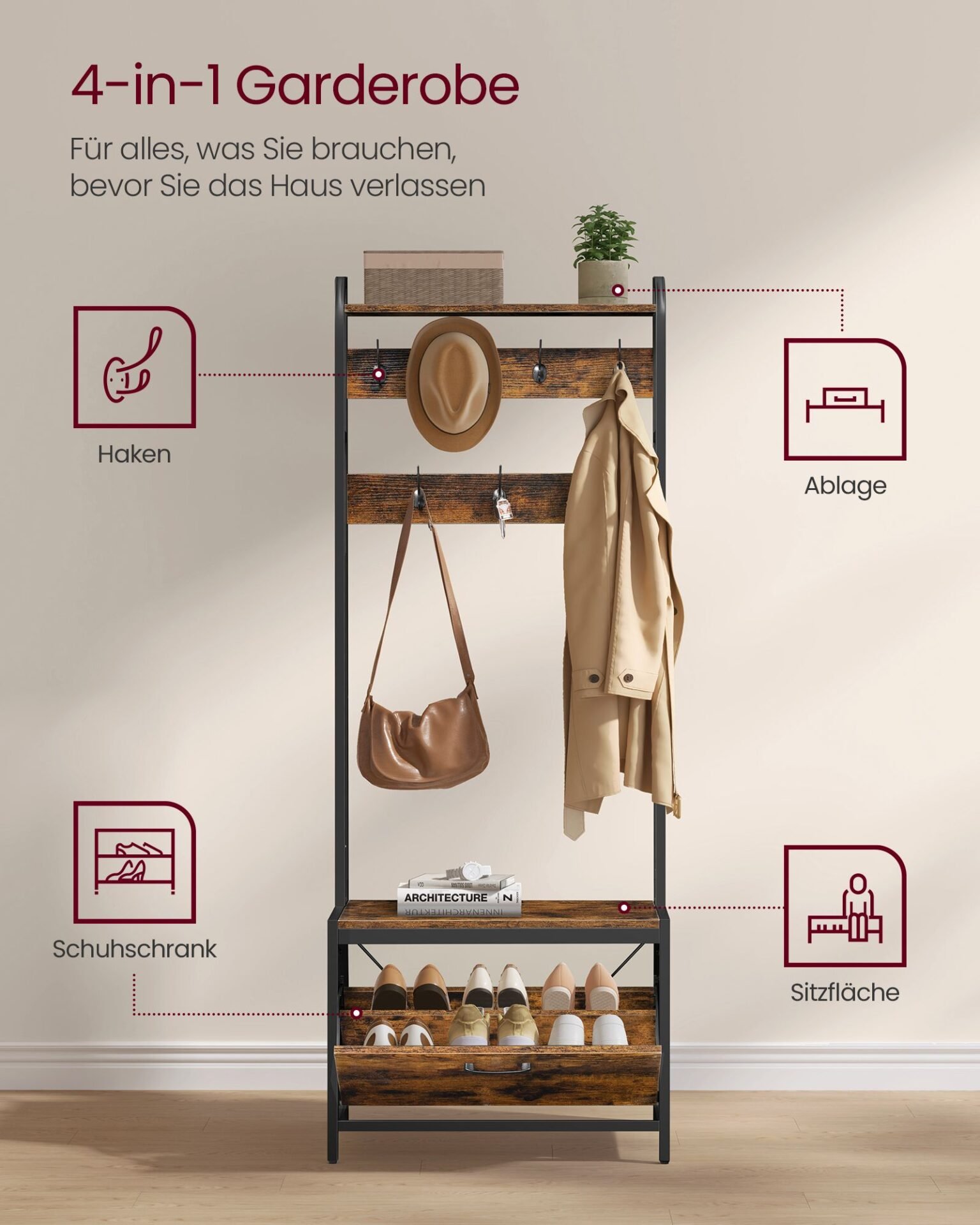 VASAGLE Coat Rack with Shoe Storage, Hall Tree with Bench, 7 Hooks and Top Shelf, for Hallway, Bedroom, Industrial Style, Rustic Brown and Classic Black HSR425B01 3 VASAGLE Coat Rack with Shoe Storage, Hall Tree with Bench, 7 Hooks and Top Shelf, for Hallway, Bedroom, Industrial Style, Rustic Brown and Classic Black HSR425B01 - Bild 3