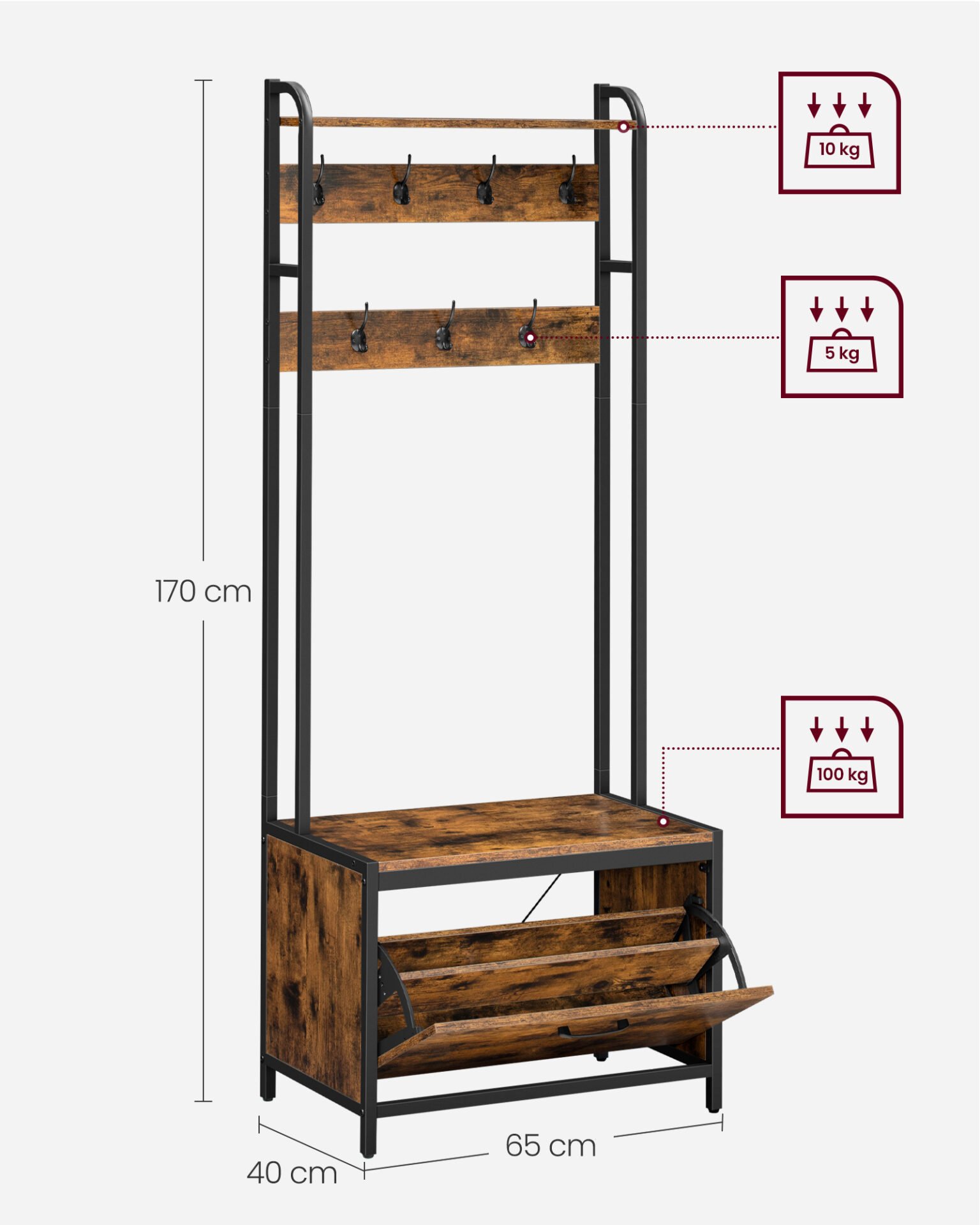 VASAGLE Coat Rack with Shoe Storage, Hall Tree with Bench, 7 Hooks and Top Shelf, for Hallway, Bedroom, Industrial Style, Rustic Brown and Classic Black HSR425B01 7 VASAGLE Coat Rack with Shoe Storage, Hall Tree with Bench, 7 Hooks and Top Shelf, for Hallway, Bedroom, Industrial Style, Rustic Brown and Classic Black HSR425B01 - Bild 7