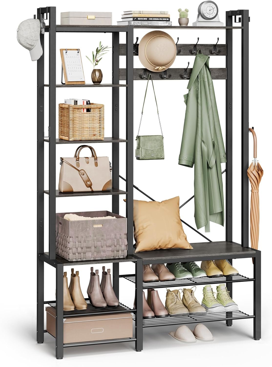 VASAGLE Hall Tree with Bench and Shoe Storage, Entryway Coat Rack with Shoe Bench, 5 Storage Shelves, 9 Coat Hooks, 6 Side Hooks, 15.7 x 47.2 x 74.8 Inches, Stone Gray and Ink Black HSR426B04 1 VASAGLE Hall Tree with Bench and Shoe Storage, Entryway Coat Rack with Shoe Bench, 5 Storage Shelves, 9 Coat Hooks, 6 Side Hooks, 15.7 x 47.2 x 74.8 Inches, Stone Gray and Ink Black HSR426B04