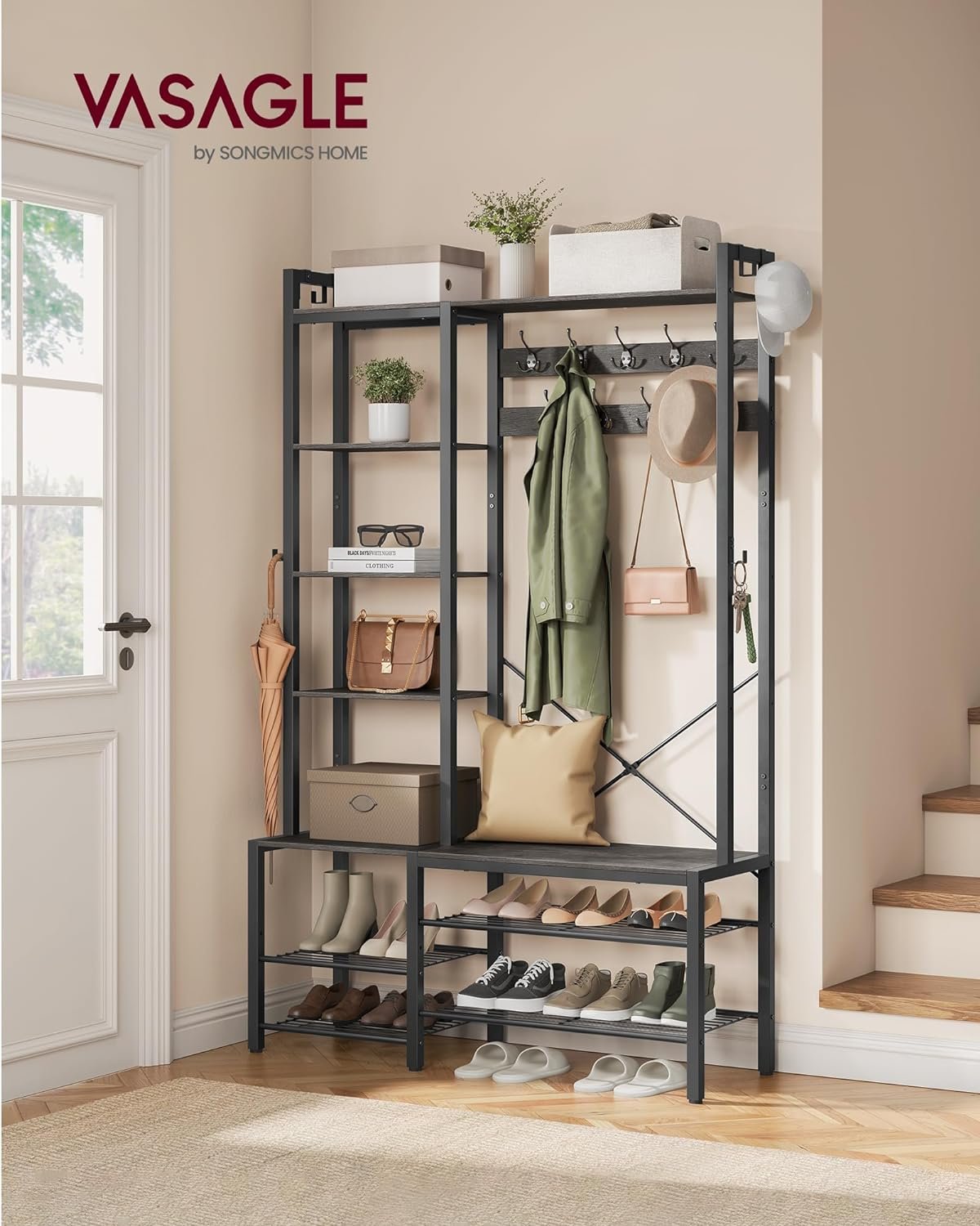 VASAGLE Hall Tree with Bench and Shoe Storage, Entryway Coat Rack with Shoe Bench, 5 Storage Shelves, 9 Coat Hooks, 6 Side Hooks, 15.7 x 47.2 x 74.8 Inches, Stone Gray and Ink Black HSR426B04 2 VASAGLE Hall Tree with Bench and Shoe Storage, Entryway Coat Rack with Shoe Bench, 5 Storage Shelves, 9 Coat Hooks, 6 Side Hooks, 15.7 x 47.2 x 74.8 Inches, Stone Gray and Ink Black HSR426B04 - Bild 2