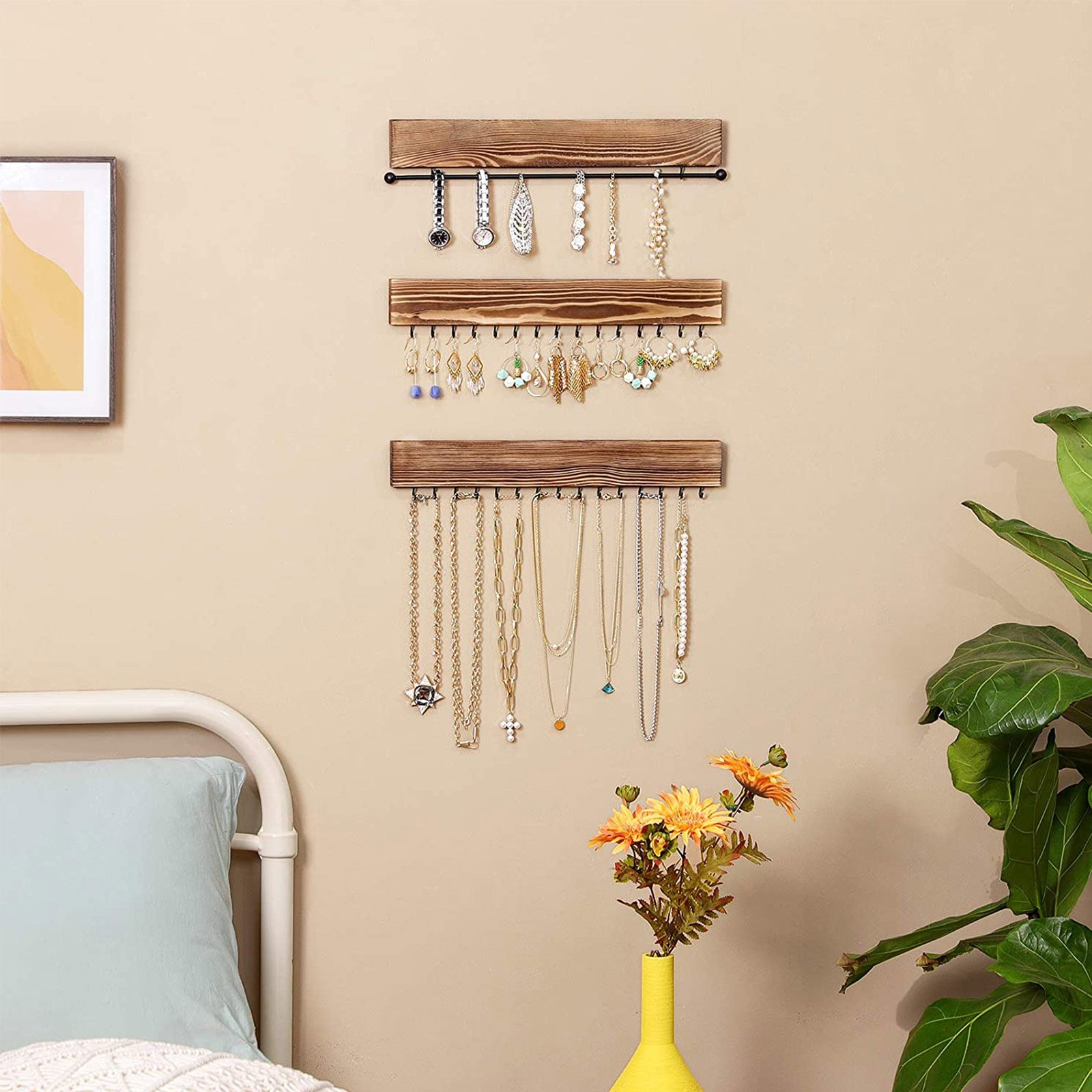 SONGMICS Wall-Mounted Jewellery Organisers, Set of 3, Hanging Jewellery Holders with Bracelet Rod, 30 Hooks, for Earrings, Necklaces, Gift Idea, Rustic Brown JJS11CB 2 SONGMICS Wall-Mounted Jewellery Organisers, Set of 3, Hanging Jewellery Holders with Bracelet Rod, 30 Hooks, for Earrings, Necklaces, Gift Idea, Rustic Brown JJS11CB - Bild 2