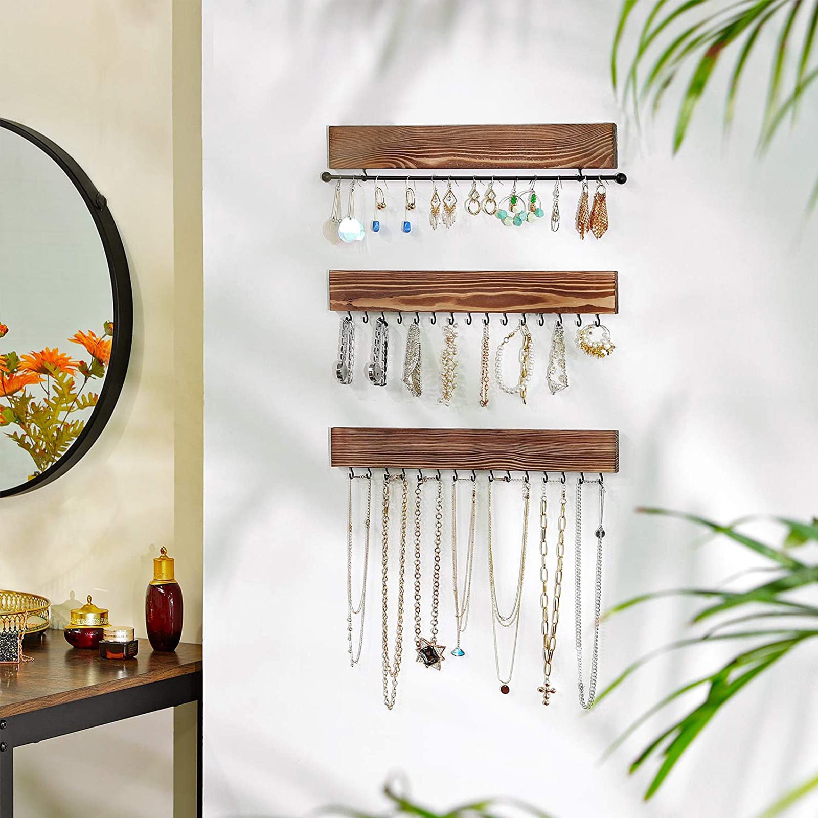 SONGMICS Wall-Mounted Jewellery Organisers, Set of 3, Hanging Jewellery Holders with Bracelet Rod, 30 Hooks, for Earrings, Necklaces, Gift Idea, Rustic Brown JJS11CB 3 SONGMICS Wall-Mounted Jewellery Organisers, Set of 3, Hanging Jewellery Holders with Bracelet Rod, 30 Hooks, for Earrings, Necklaces, Gift Idea, Rustic Brown JJS11CB - Bild 3