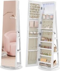 Smyckesskåp med 6 LED-lampor och låsbart spegel, 360° vridbar smyckesorganisatör, grått foder