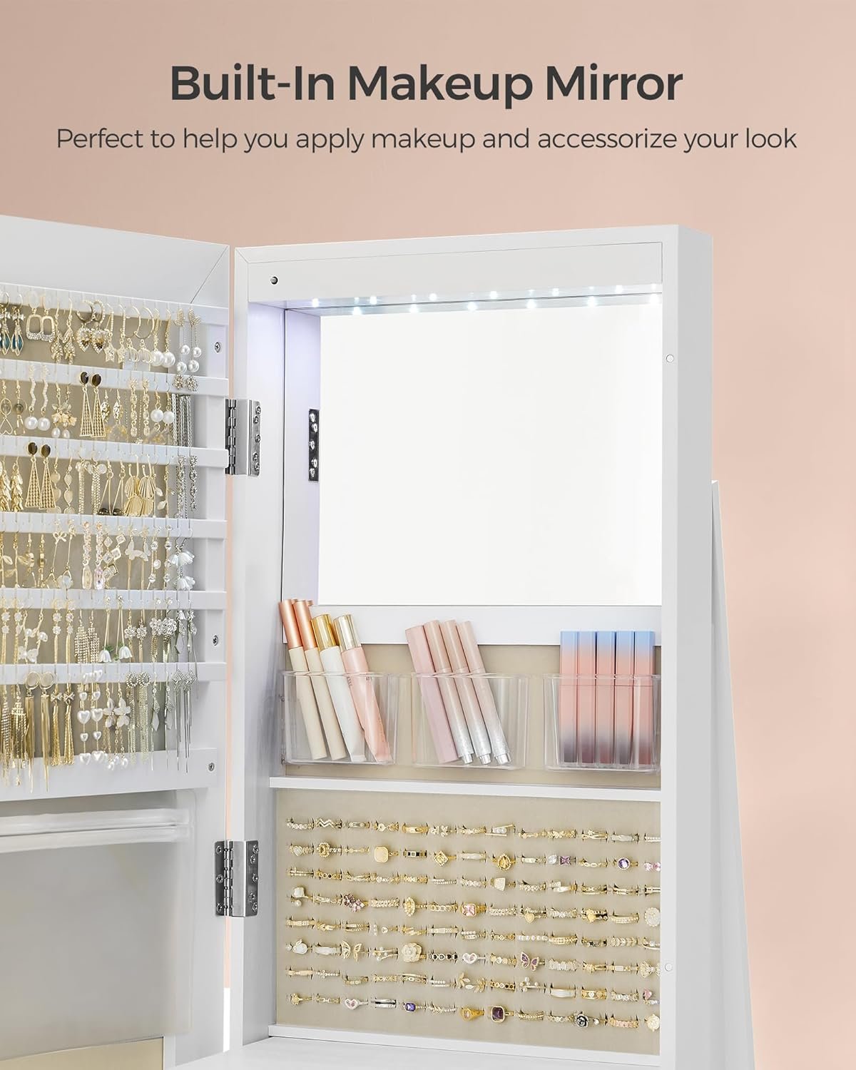 Smyckesskåp med 6 LED-lampor och låsbart spegel, 360° vridbar smyckesorganisatör, grått foder 2 Smyckesskåp med 6 LED-lampor och låsbart spegel, 360° vridbar smyckesorganisatör, grått foder - Bild 2