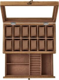 Klocklåda med 12 fack, 2-vånings träboett, glaslock, smyckeskrin, rustik valnöt