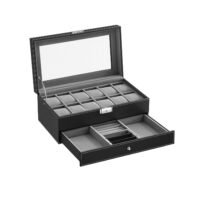 Klocklåda för 3 klockor, vävt präglat PU-läder, 10 x 20 x 9 cm, presentidé, bläcksvart yta