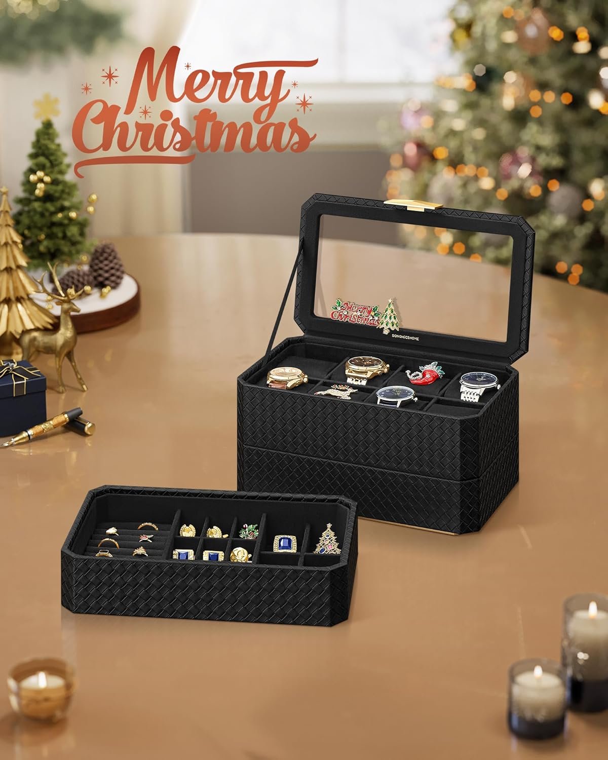 SONGMICS Watch Box, Watch Case with Glass Lid, 2-Tier Watch Display Case for 12 Watches, Lockable, 1 Drawer, for Rings, Bracelets, Gift Idea, Black Synthetic Leather, Greenish Beige Lining JWB012 2 SONGMICS Watch Box, Watch Case with Glass Lid, 2-Tier Watch Display Case for 12 Watches, Lockable, 1 Drawer, for Rings, Bracelets, Gift Idea, Black Synthetic Leather, Greenish Beige Lining JWB012 - Bild 2