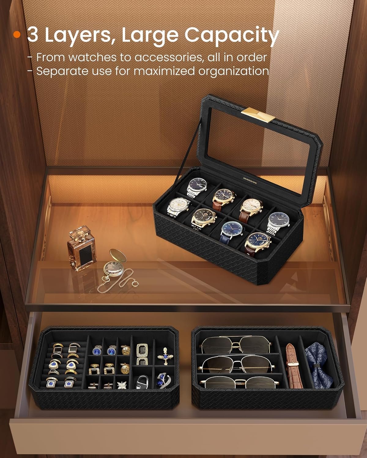 SONGMICS Watch Box, Watch Case with Glass Lid, 2-Tier Watch Display Case for 12 Watches, Lockable, 1 Drawer, for Rings, Bracelets, Gift Idea, Black Synthetic Leather, Greenish Beige Lining JWB012 4 SONGMICS Watch Box, Watch Case with Glass Lid, 2-Tier Watch Display Case for 12 Watches, Lockable, 1 Drawer, for Rings, Bracelets, Gift Idea, Black Synthetic Leather, Greenish Beige Lining JWB012 - Bild 4
