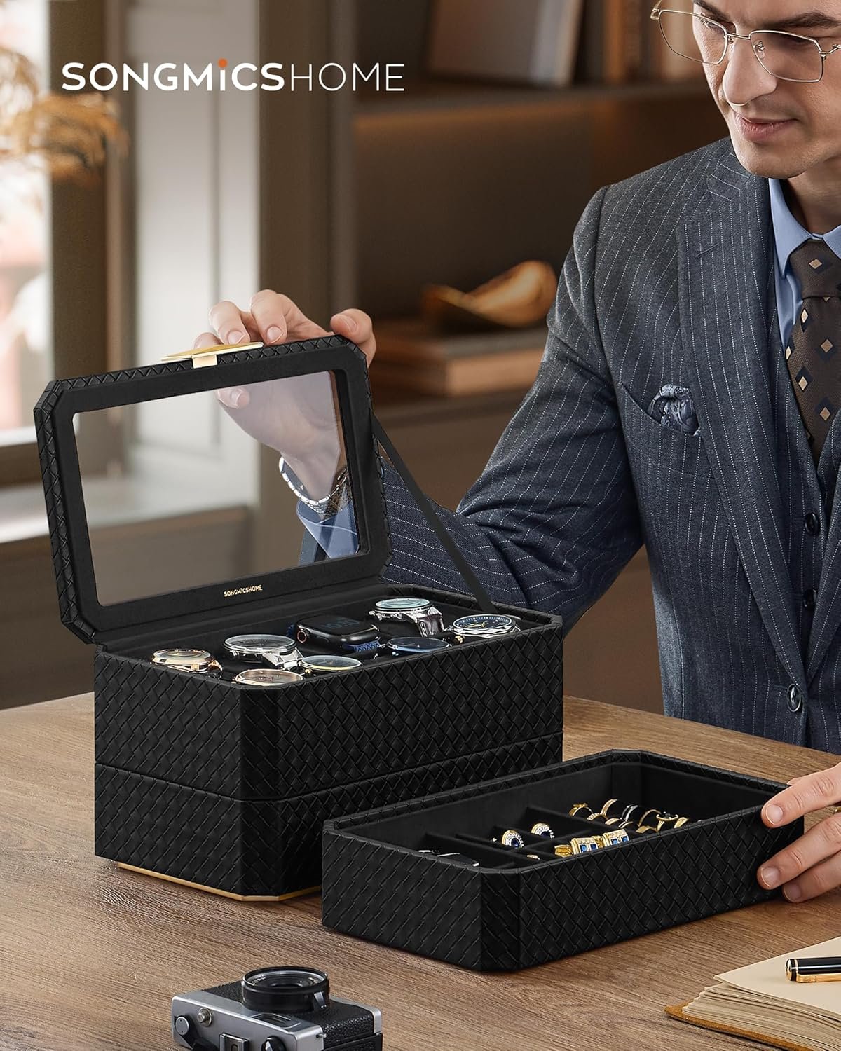 SONGMICS Watch Box, Watch Case with Glass Lid, 2-Tier Watch Display Case for 12 Watches, Lockable, 1 Drawer, for Rings, Bracelets, Gift Idea, Black Synthetic Leather, Greenish Beige Lining JWB012 7 SONGMICS Watch Box, Watch Case with Glass Lid, 2-Tier Watch Display Case for 12 Watches, Lockable, 1 Drawer, for Rings, Bracelets, Gift Idea, Black Synthetic Leather, Greenish Beige Lining JWB012 - Bild 7