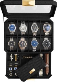 Klocklåda med 3 nivåer, stapelbart klockfodral med 8 platser, vävt präglat PU-läder, bläcksvart