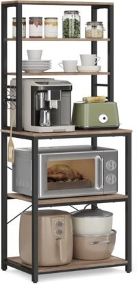 Kökshylla, 6 hyllor, 6 krokar, stålram, 40 x 60 x 167 cm, Greige Mottled Ink Black