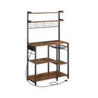 VASAGLE kitchen shelf, standing shelf with sockets, microwave shelf, coffee bar, baker shelf, 8 S-hooks, with basket, spice rack, vintage brown-ink black KKS031K11