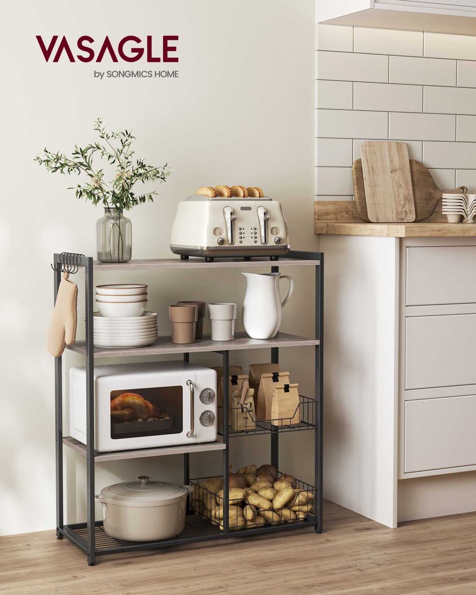 VASAGLE KKS096B02 Free Standing Kitchen Shelf with 2 Metal Baskets, Bakery Shelf with Hooks and Shelves, Microwave Shelf, 35 x 80 x 95 cm, Greige-Black 2 VASAGLE KKS096B02 Free Standing Kitchen Shelf with 2 Metal Baskets, Bakery Shelf with Hooks and Shelves, Microwave Shelf, 35 x 80 x 95 cm, Greige-Black - Bild 2