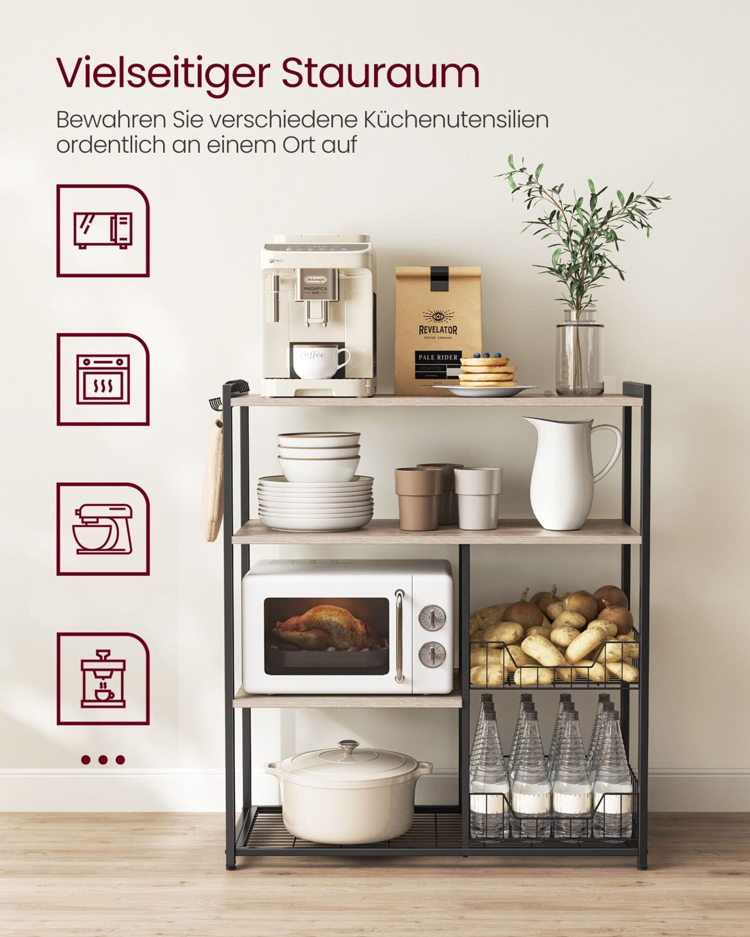 VASAGLE KKS096B02 Free Standing Kitchen Shelf with 2 Metal Baskets, Bakery Shelf with Hooks and Shelves, Microwave Shelf, 35 x 80 x 95 cm, Greige-Black 4 VASAGLE KKS096B02 Free Standing Kitchen Shelf with 2 Metal Baskets, Bakery Shelf with Hooks and Shelves, Microwave Shelf, 35 x 80 x 95 cm, Greige-Black - Bild 4