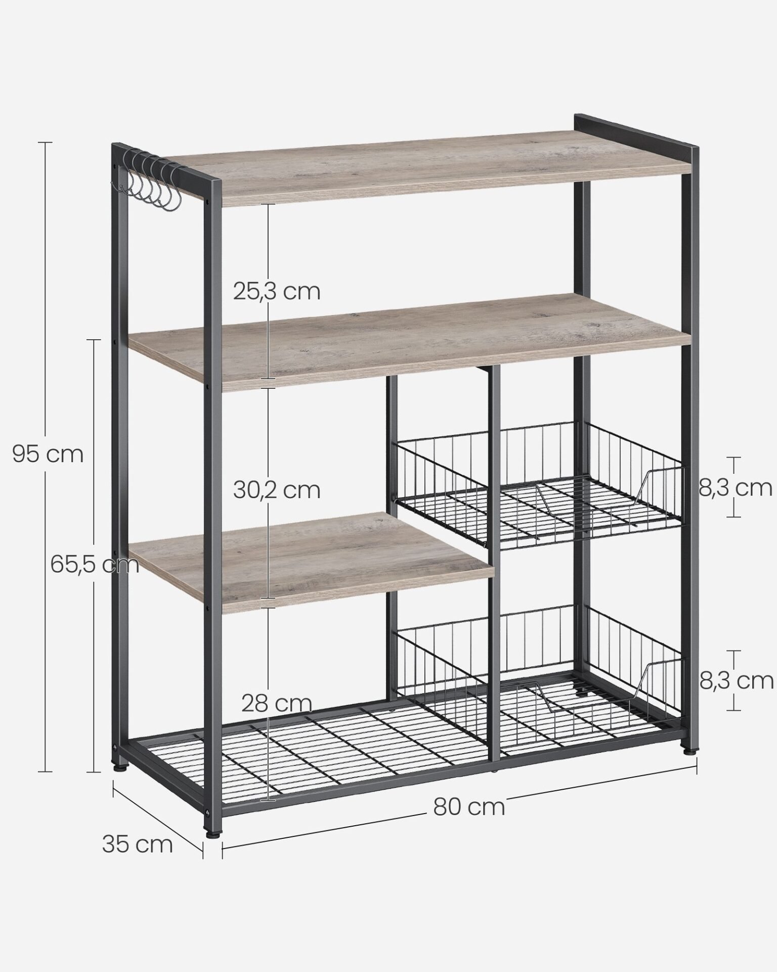 VASAGLE KKS096B02 Free Standing Kitchen Shelf with 2 Metal Baskets, Bakery Shelf with Hooks and Shelves, Microwave Shelf, 35 x 80 x 95 cm, Greige-Black 6 VASAGLE KKS096B02 Free Standing Kitchen Shelf with 2 Metal Baskets, Bakery Shelf with Hooks and Shelves, Microwave Shelf, 35 x 80 x 95 cm, Greige-Black - Bild 6