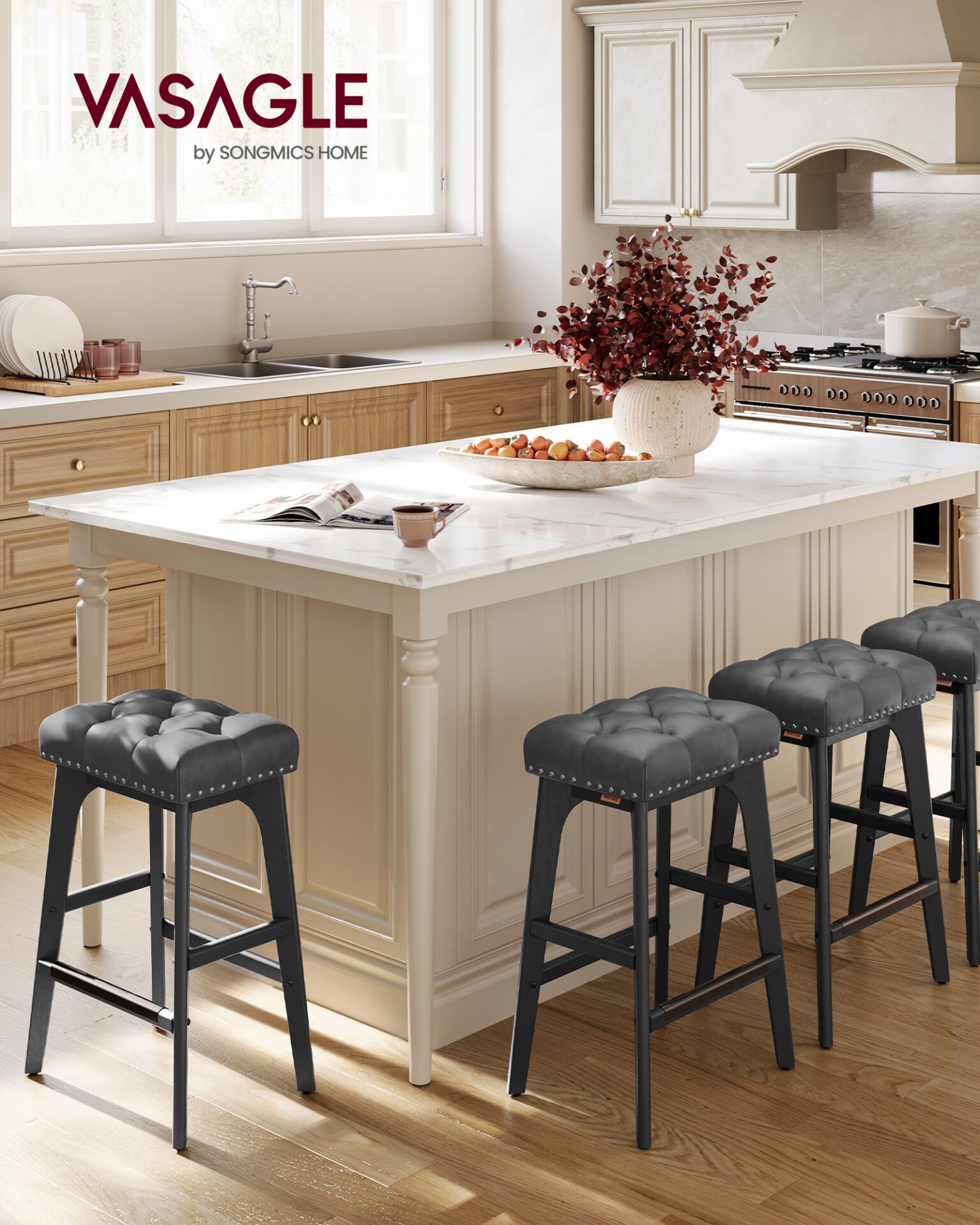 VASAGLE Bar Stools Set of 2, Counter Height Bar Stools, 26-Inch Kitchen Counter Stools with Wooden Legs, PU Leather Barstools Upholstered Stools for Kitchen Island Dining Room, Ink Black LBC085G02 2 VASAGLE Bar Stools Set of 2, Counter Height Bar Stools, 26-Inch Kitchen Counter Stools with Wooden Legs, PU Leather Barstools Upholstered Stools for Kitchen Island Dining Room, Ink Black LBC085G02 - Bild 2