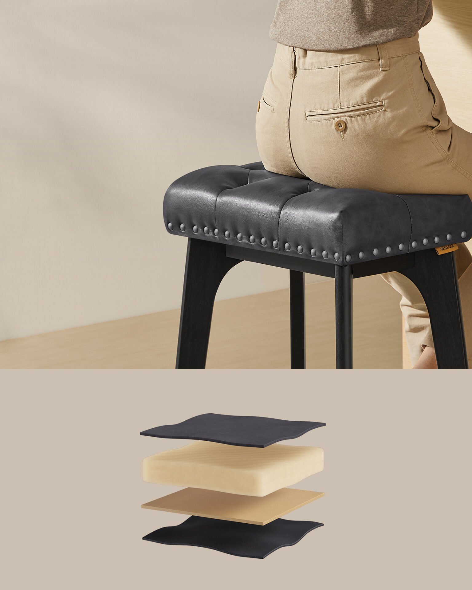 VASAGLE Bar Stools Set of 2, Counter Height Bar Stools, 26-Inch Kitchen Counter Stools with Wooden Legs, PU Leather Barstools Upholstered Stools for Kitchen Island Dining Room, Ink Black LBC085G02 4 VASAGLE Bar Stools Set of 2, Counter Height Bar Stools, 26-Inch Kitchen Counter Stools with Wooden Legs, PU Leather Barstools Upholstered Stools for Kitchen Island Dining Room, Ink Black LBC085G02 - Bild 4