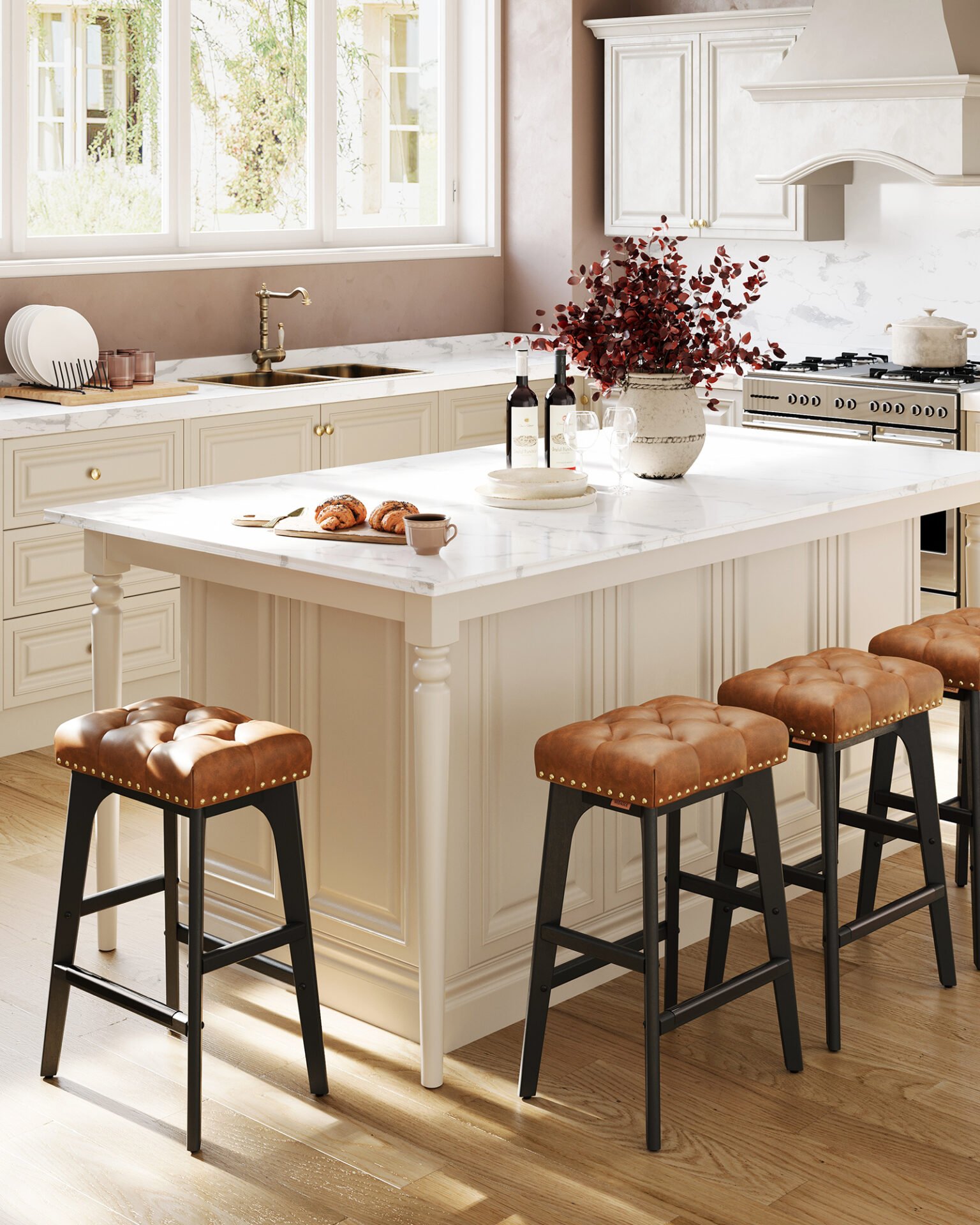 VASAGLE Bar Stools Set of 2, Kitchen Chairs, Faux Leather, Decorative Buttons and Rivets, Solid Wood Legs, 66cm High, Home Bar, Dining Room, Easy Assembly, Coffee Brown LBC085K01 2 VASAGLE Bar Stools Set of 2, Kitchen Chairs, Faux Leather, Decorative Buttons and Rivets, Solid Wood Legs, 66cm High, Home Bar, Dining Room, Easy Assembly, Coffee Brown LBC085K01 - Bild 2