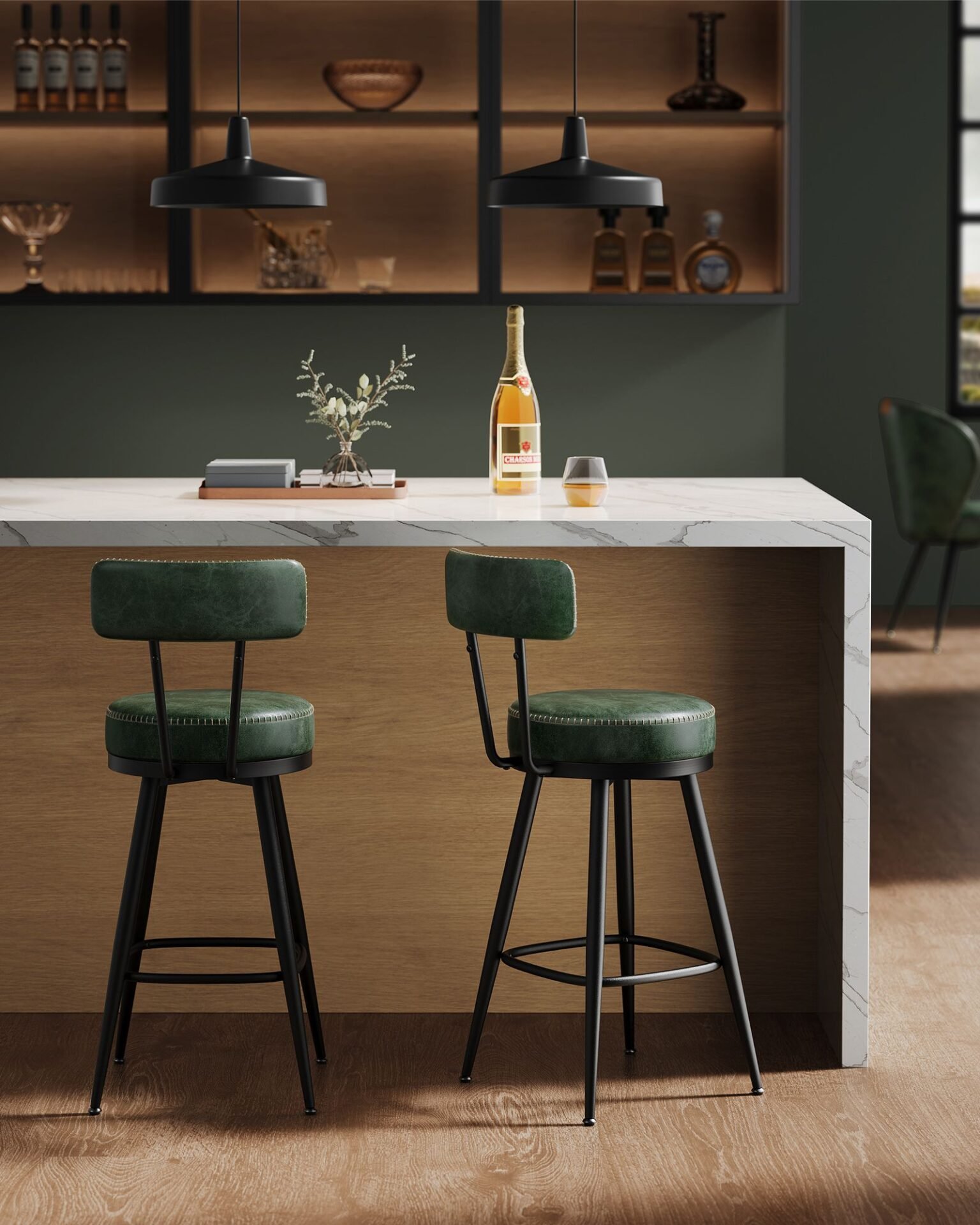 VASAGLE EKHO Collection - Bar Stools Set of 2 Swivel Bar Stools with Backrest Faux Leather with Stitching Mid-Century Modern Style 65cm High Kitchen Home Bar Forest Green LBC089C01 4 VASAGLE EKHO Collection - Bar Stools Set of 2 Swivel Bar Stools with Backrest Faux Leather with Stitching Mid-Century Modern Style 65cm High Kitchen Home Bar Forest Green LBC089C01 - Bild 4