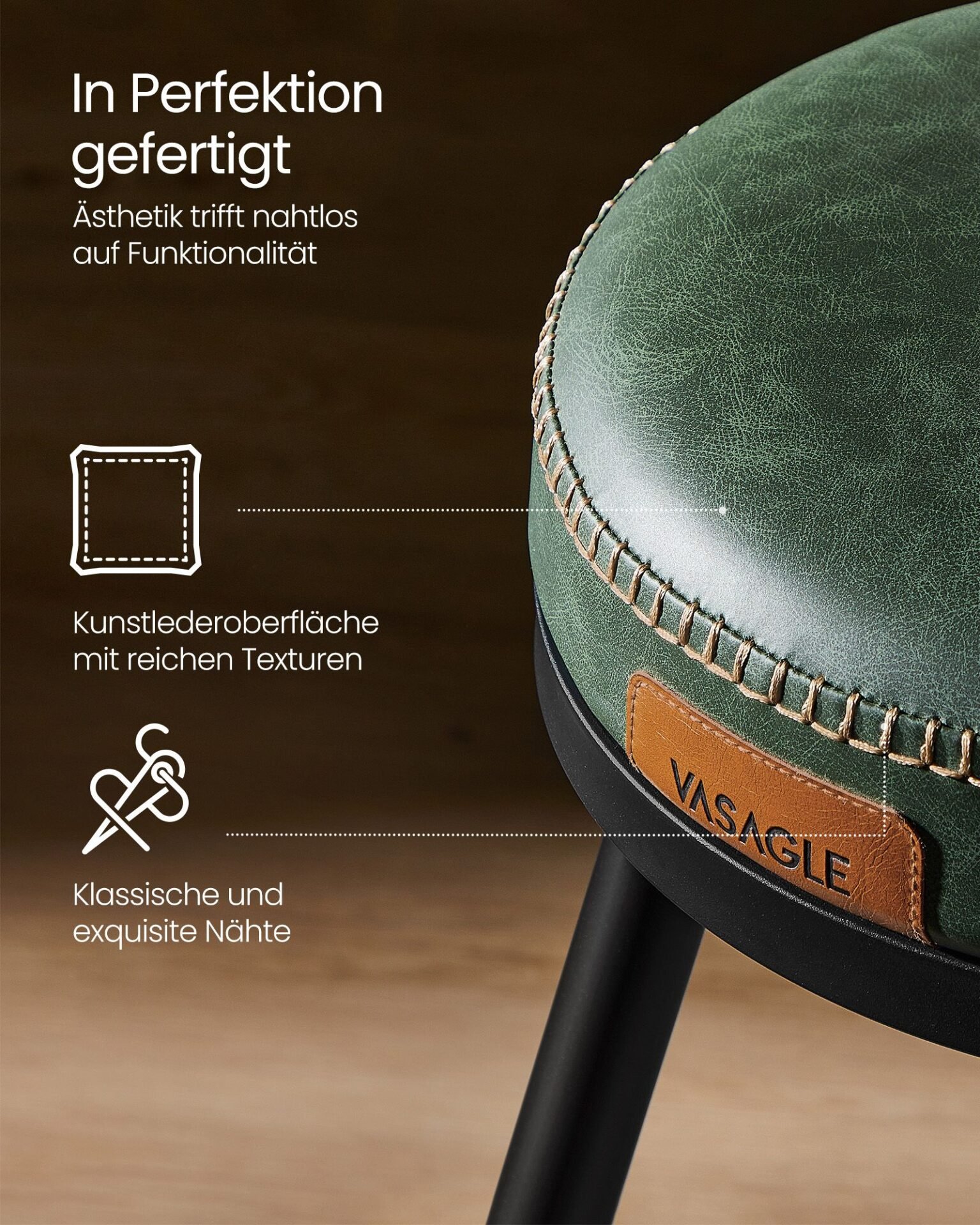 VASAGLE EKHO Collection - Bar Stools Set of 2 Swivel Bar Stools with Backrest Faux Leather with Stitching Mid-Century Modern Style 65cm High Kitchen Home Bar Forest Green LBC089C01 5 VASAGLE EKHO Collection - Bar Stools Set of 2 Swivel Bar Stools with Backrest Faux Leather with Stitching Mid-Century Modern Style 65cm High Kitchen Home Bar Forest Green LBC089C01 - Bild 5