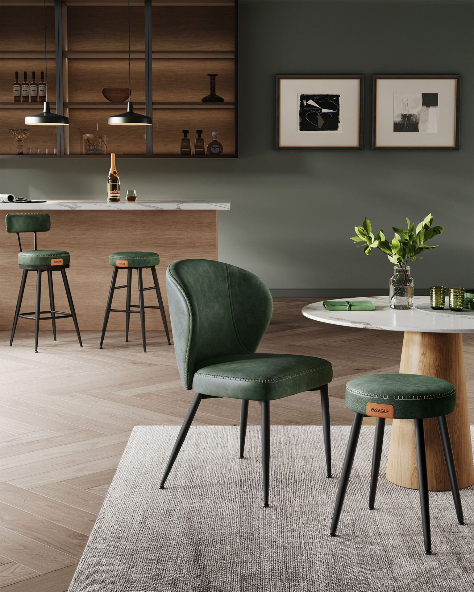 VASAGLE EKHO Collection - Bar Stools Set of 2 Swivel Bar Stools with Backrest Faux Leather with Stitching Mid-Century Modern Style 65cm High Kitchen Home Bar Forest Green LBC089C01 7 VASAGLE EKHO Collection - Bar Stools Set of 2 Swivel Bar Stools with Backrest Faux Leather with Stitching Mid-Century Modern Style 65cm High Kitchen Home Bar Forest Green LBC089C01 - Bild 7