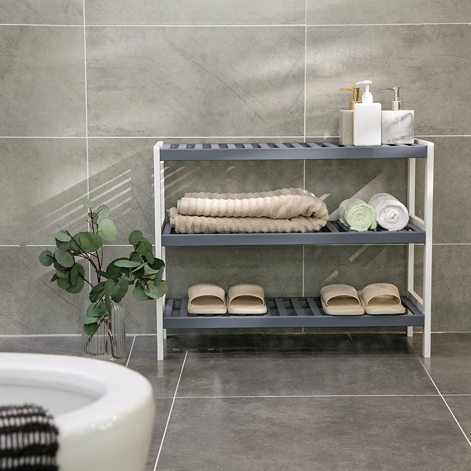 Skohylla med 3 hyllor i naturlig bambu, vit/grå, 70 x 26 x 55 cm (B x D x H) 3 Skohylla med 3 hyllor i naturlig bambu, vit/grå, 70 x 26 x 55 cm (B x D x H) - Bild 3