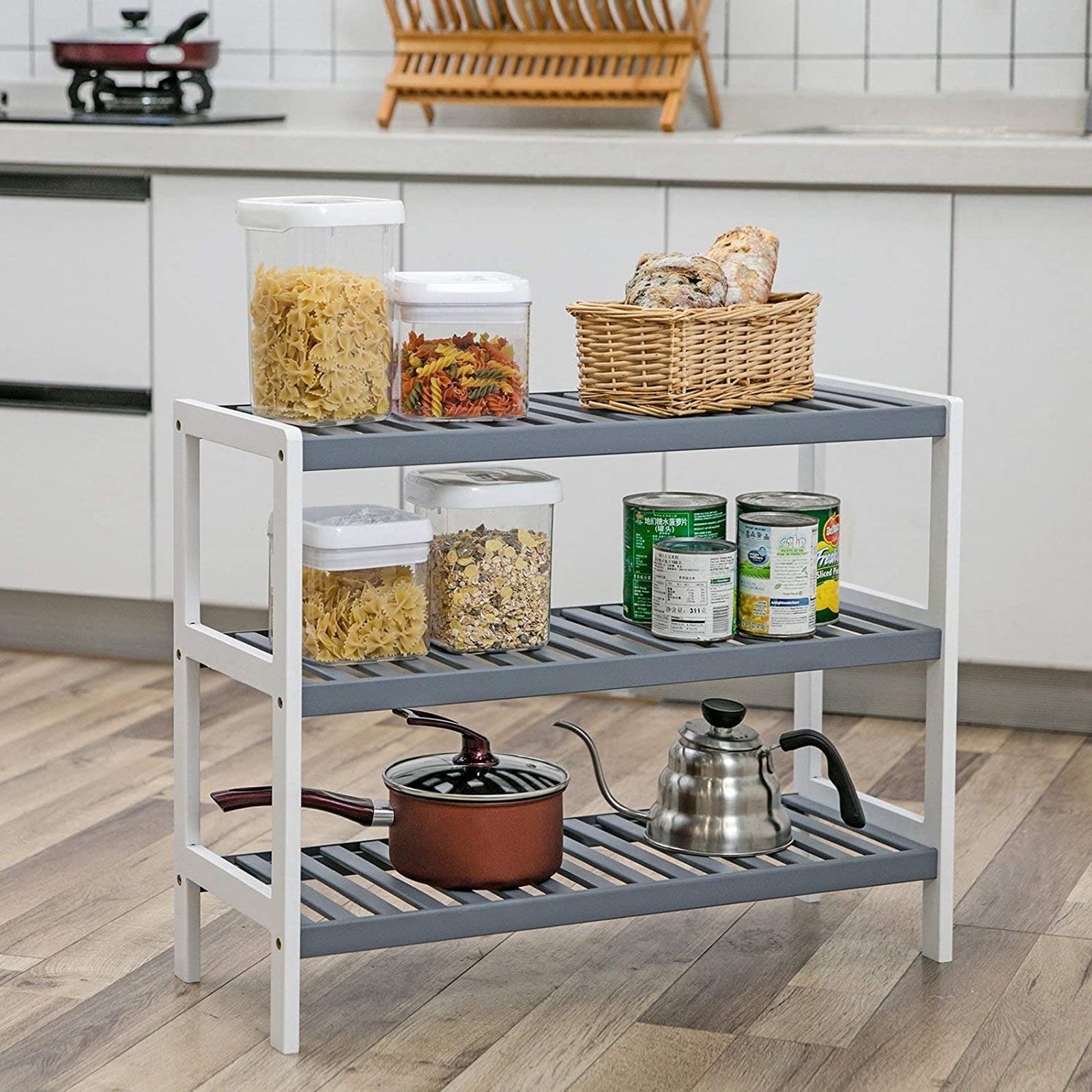 Skohylla med 3 hyllor i naturlig bambu, vit/grå, 70 x 26 x 55 cm (B x D x H) 4 Skohylla med 3 hyllor i naturlig bambu, vit/grå, 70 x 26 x 55 cm (B x D x H) - Bild 4