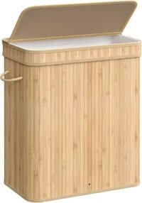 Tvättkorg med lock, tvättkorg i bambu, 100 liter, naturbeige
