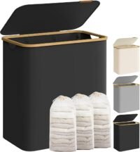 Stor tvättkorg med 3 fack, 150 l, Oxfordtyg, bambuhandtag, bläcksvart