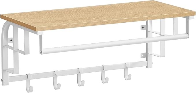 VASAGLE Coat Rack Wall-Mounted, Clothes Rail with 5 Removable Coat Hooks, Floating Shelf with Hanging Rail, for Hallway, Bedroom, Living Room, Golden Oak and Cloud White LCR012N01 1 VASAGLE Coat Rack Wall-Mounted, Clothes Rail with 5 Removable Coat Hooks, Floating Shelf with Hanging Rail, for Hallway, Bedroom, Living Room, Golden Oak and Cloud White LCR012N01