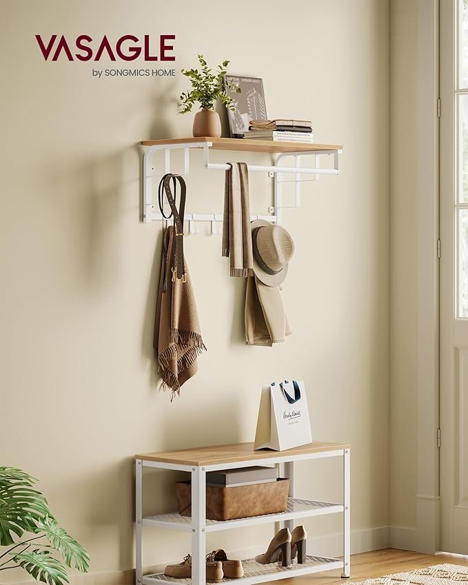 VASAGLE Coat Rack Wall-Mounted, Clothes Rail with 5 Removable Coat Hooks, Floating Shelf with Hanging Rail, for Hallway, Bedroom, Living Room, Golden Oak and Cloud White LCR012N01 2 VASAGLE Coat Rack Wall-Mounted, Clothes Rail with 5 Removable Coat Hooks, Floating Shelf with Hanging Rail, for Hallway, Bedroom, Living Room, Golden Oak and Cloud White LCR012N01 - Bild 2