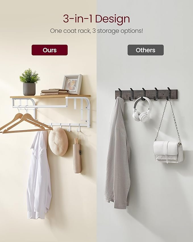 VASAGLE Coat Rack Wall-Mounted, Clothes Rail with 5 Removable Coat Hooks, Floating Shelf with Hanging Rail, for Hallway, Bedroom, Living Room, Golden Oak and Cloud White LCR012N01 4 VASAGLE Coat Rack Wall-Mounted, Clothes Rail with 5 Removable Coat Hooks, Floating Shelf with Hanging Rail, for Hallway, Bedroom, Living Room, Golden Oak and Cloud White LCR012N01 - Bild 4