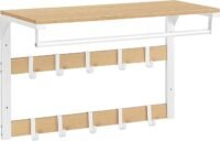 VASAGLE Wall-Mounted Coat Rack, Wall Shelf with 10 Removable Hooks, Clothes Rail, Coat Hooks with Shelf, for Entryway, Bedroom, Bathroom, Oak Colour and White LCR101W09