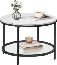 Soffbord med glasskiva och stort förvaringsutrymme, modern stil i marmorvit och bläcksvart