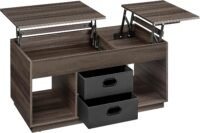 VASAGLE Coffee Table Height Adjustable Living Room Table 2 Drawers and Hidden Compartments Coffee Table Open Compartments for Living Room Home Office Ash Brown LCT210K02