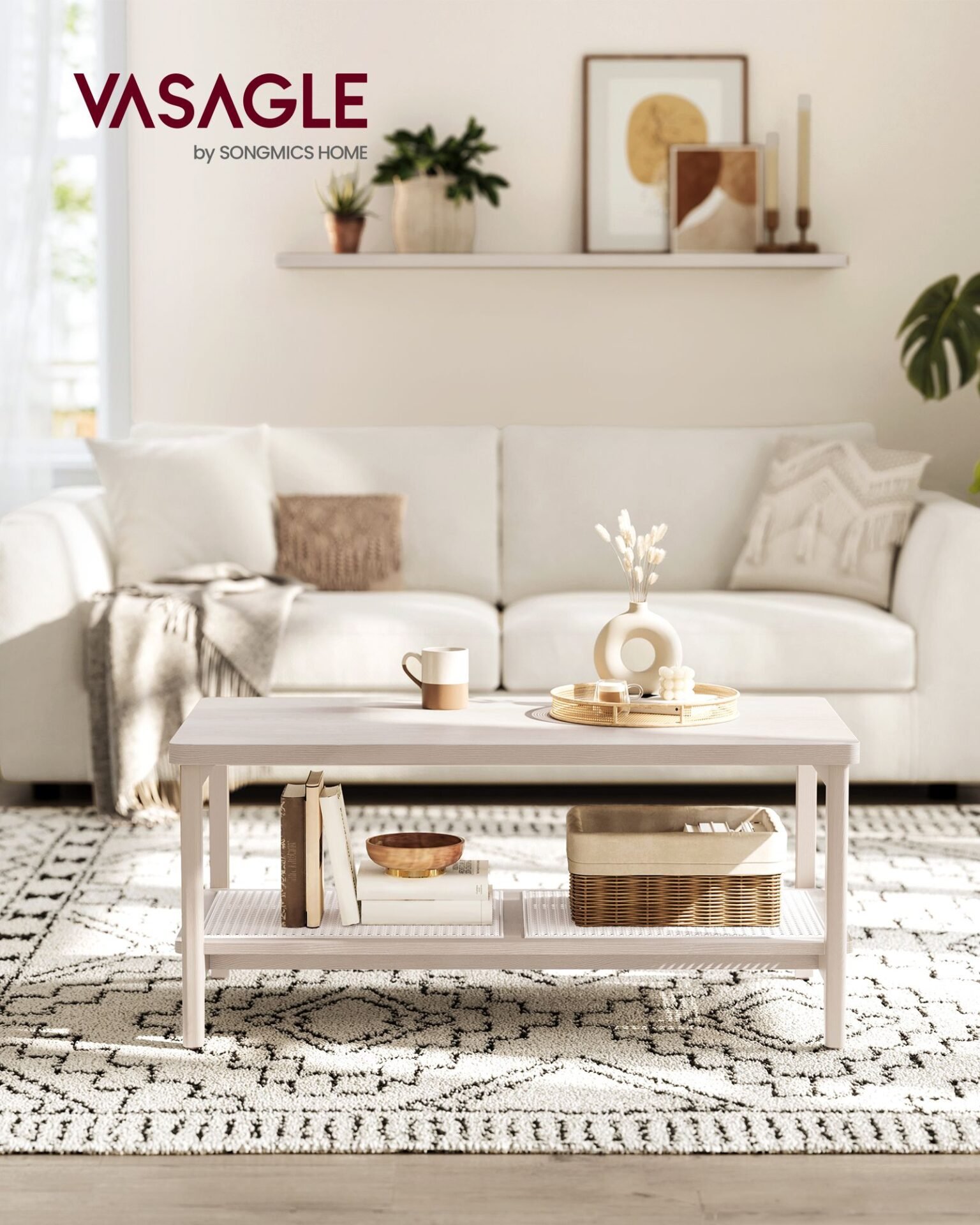 VASAGLE LCT240K66 2-Tier Living Room Table with Storage Space Table Living Room Sofa Table with PVC Rattan Shelf Rounded Corners Boho Oatmeal Beige 2 VASAGLE LCT240K66 2-Tier Living Room Table with Storage Space Table Living Room Sofa Table with PVC Rattan Shelf Rounded Corners Boho Oatmeal Beige - Bild 2