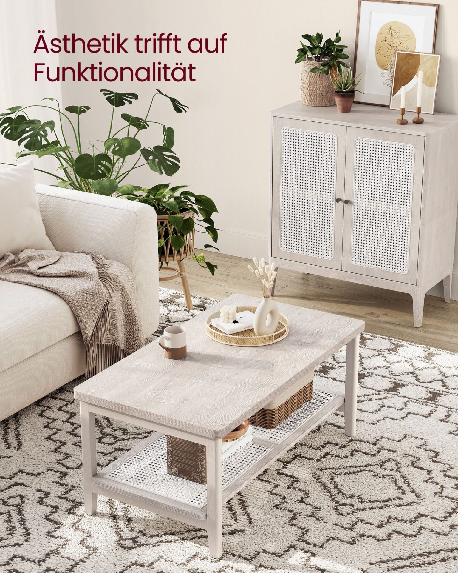 VASAGLE LCT240K66 2-Tier Living Room Table with Storage Space Table Living Room Sofa Table with PVC Rattan Shelf Rounded Corners Boho Oatmeal Beige 3 VASAGLE LCT240K66 2-Tier Living Room Table with Storage Space Table Living Room Sofa Table with PVC Rattan Shelf Rounded Corners Boho Oatmeal Beige - Bild 3