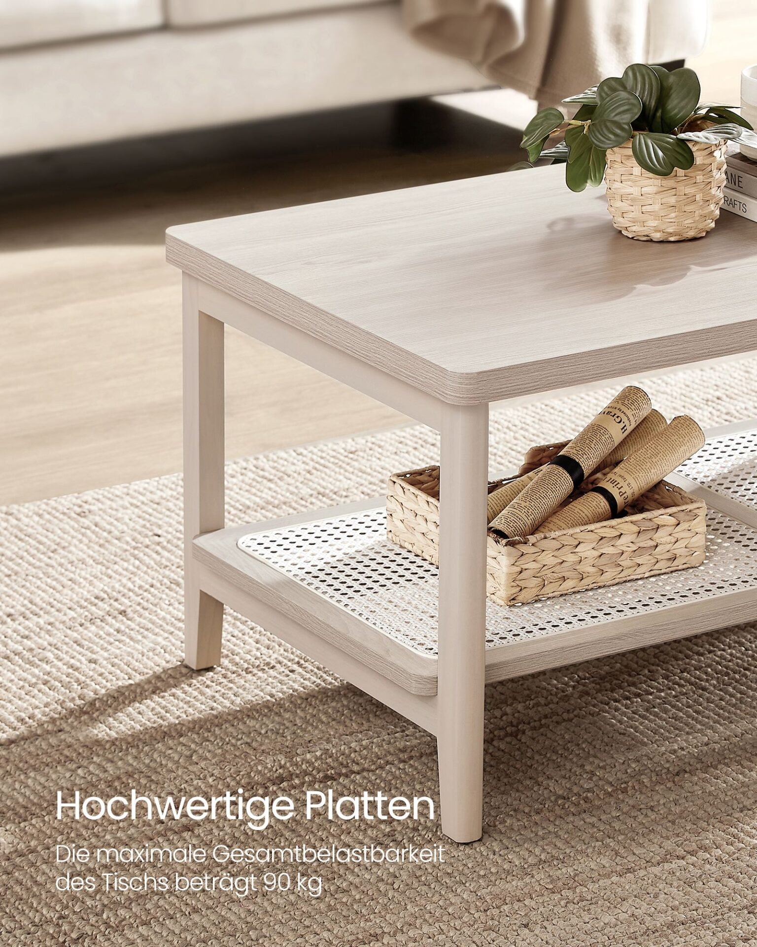 VASAGLE LCT240K66 2-Tier Living Room Table with Storage Space Table Living Room Sofa Table with PVC Rattan Shelf Rounded Corners Boho Oatmeal Beige 6 VASAGLE LCT240K66 2-Tier Living Room Table with Storage Space Table Living Room Sofa Table with PVC Rattan Shelf Rounded Corners Boho Oatmeal Beige - Bild 6