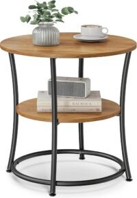 VASAGLE Side Table, Round End Table with 2 Storage Shelves for Living Room, Bedroom, Nightstand with Steel Frame for Small Spaces, Accent Coffee Table, Rustic Walnut and Ink Black