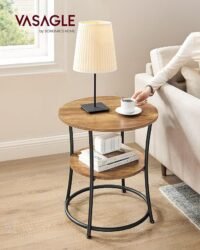 VASAGLE Side Table, Round End Table with 2 Storage Shelves for Living Room, Bedroom, Nightstand with Steel Frame for Small Spaces, Accent Coffee Table, Rustic Walnut and Ink Black - Bild 2