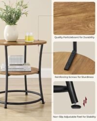 VASAGLE Side Table, Round End Table with 2 Storage Shelves for Living Room, Bedroom, Nightstand with Steel Frame for Small Spaces, Accent Coffee Table, Rustic Walnut and Ink Black - Bild 4