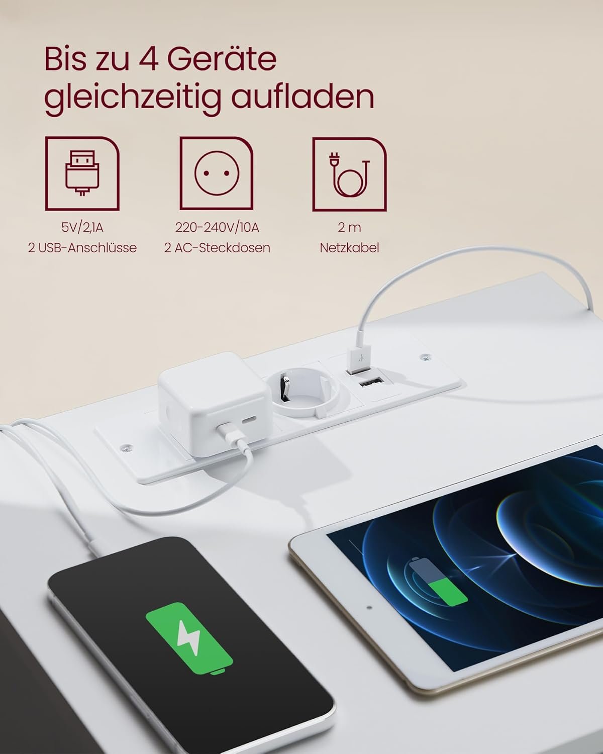 Nattduksbord, Sidobord, 3 lådor, 2 nätuttag, 2 USB-portar, Cloud White 4 Nattduksbord, Sidobord, 3 lådor, 2 nätuttag, 2 USB-portar, Cloud White - Bild 4